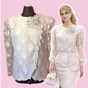 Vtg 80s Patra Lace Sleeve Blue Sequin Blouse Size XL Victorian Romantic Floral